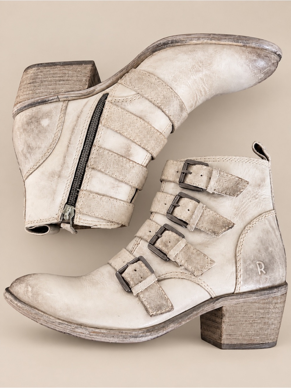ROAN by Bed Stu Off White Distressed Buckle Ankle Boots Size 7.5 NWOT